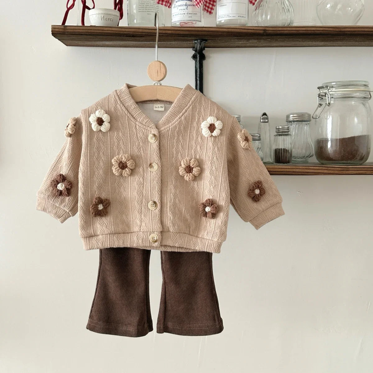 0-3 Years Spring Autumn New Girl Toddler 3D Small Flower Cardigan Casual Fashion Bell Bottom Pants Knitted Set