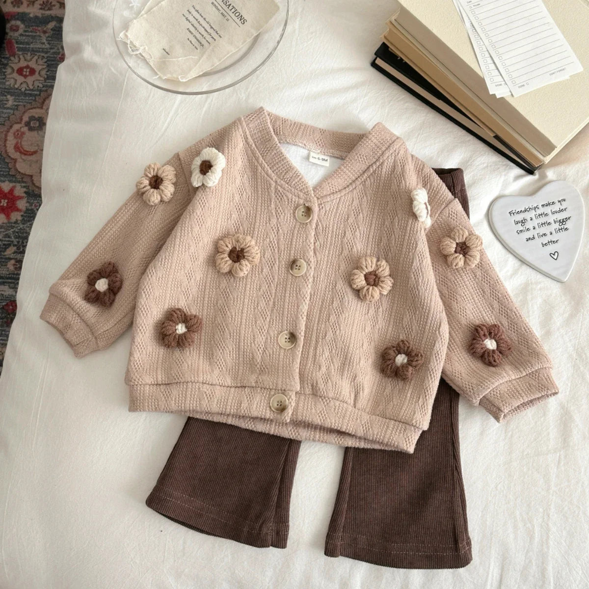 0-3 Years Spring Autumn New Girl Toddler 3D Small Flower Cardigan Casual Fashion Bell Bottom Pants Knitted Set