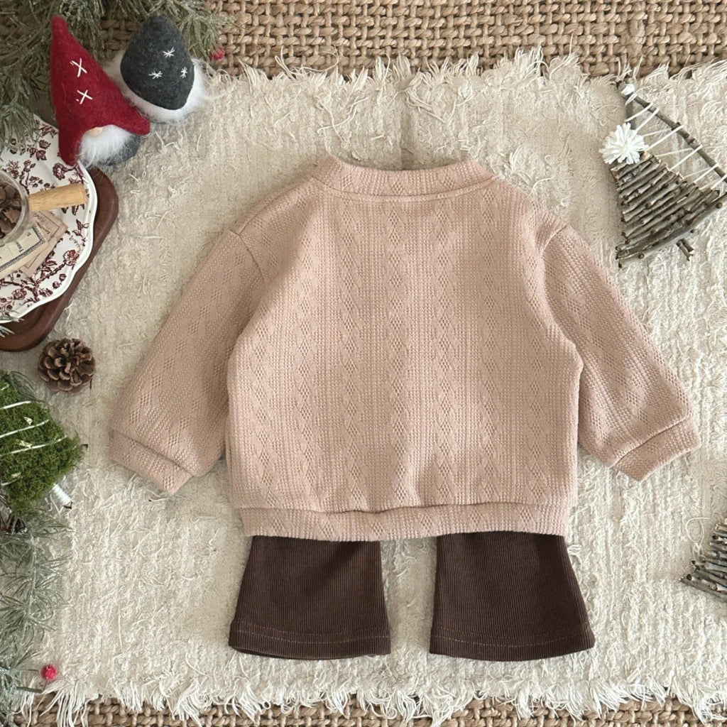0-3 Years Spring Autumn New Girl Toddler 3D Small Flower Cardigan Casual Fashion Bell Bottom Pants Knitted Set