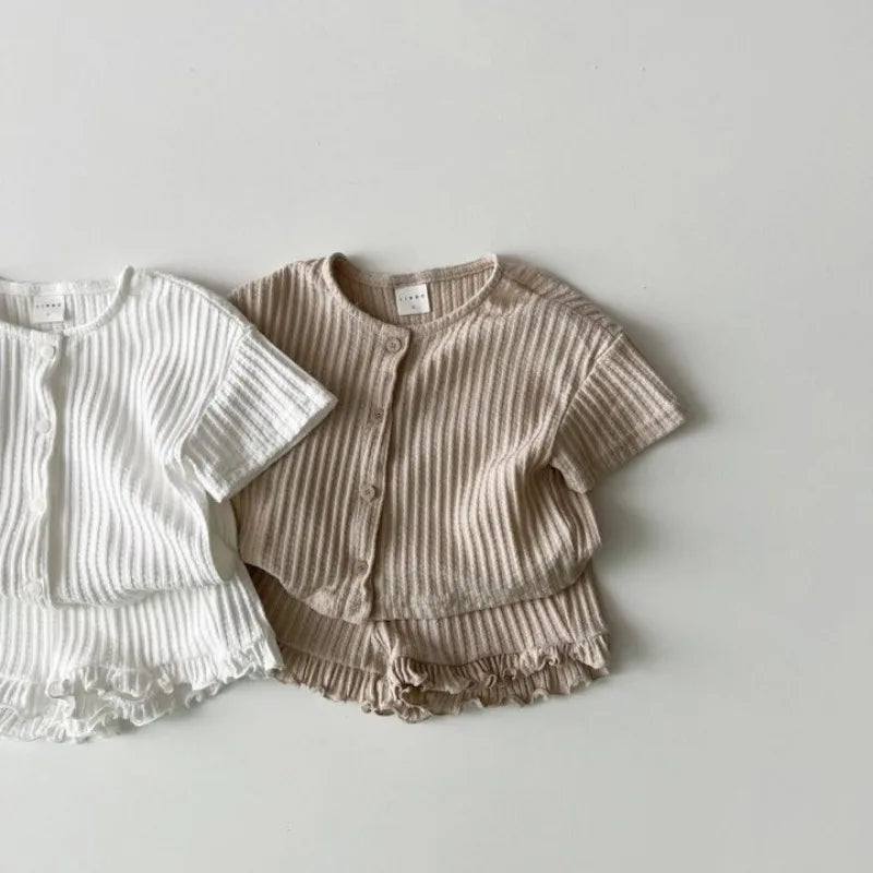 2Pcs Children Clothing Set 2025 Summer Korean Girl's Ruffle Suit Striped Cotton Short-sleeved Cardigan Tops+Shorts Pajamas Suits