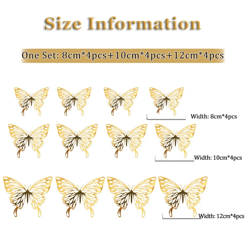 12Pcs/lot New 3D Hollow Golden Silver Butterfly Wall Stickers Art Home Decorations Wall Decals for Party Wedding Display Shop