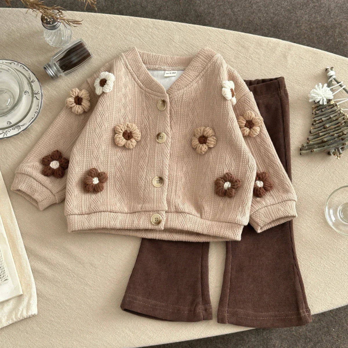 0-3 Years Spring Autumn New Girl Toddler 3D Small Flower Cardigan Casual Fashion Bell Bottom Pants Knitted Set