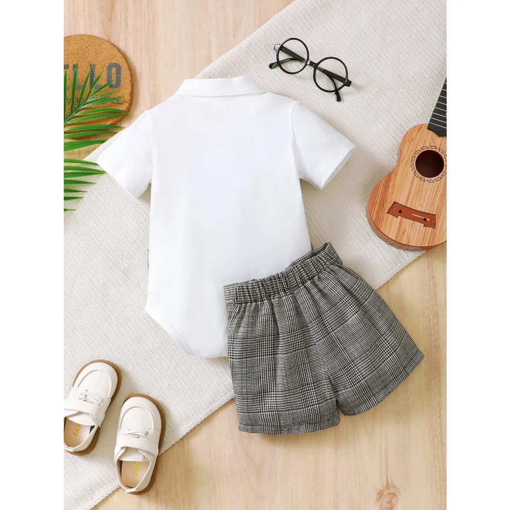 0-3Years Baby Boys' Gentleman Clothes Set Dark Grey Bodysuit+Plaid Shorts 2PCS Outfits Baby Full Moon Hundred Days Party Costume