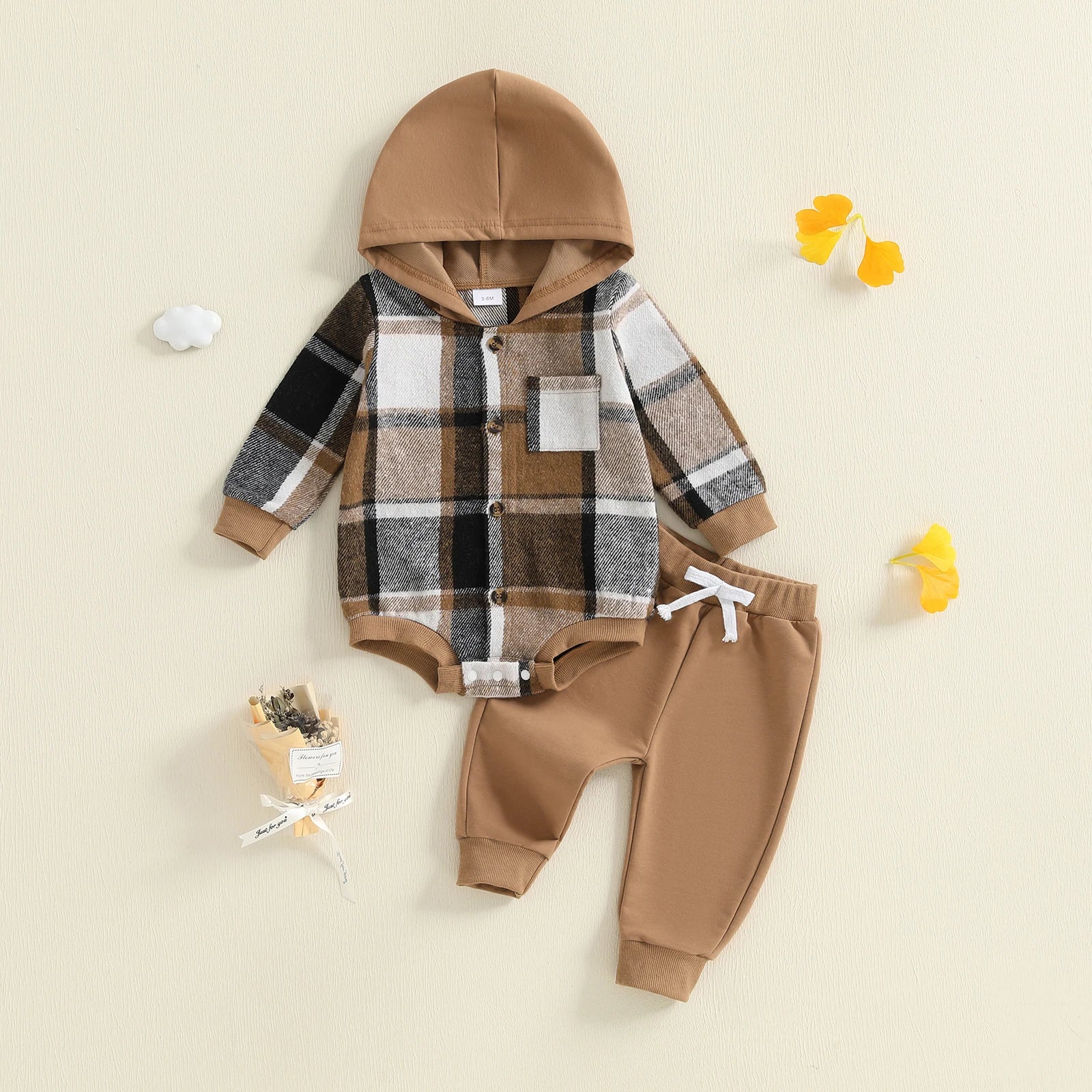 0-24M Toddler Boys Fall Outfit Plaid Long Sleeve Hooded Romper Solid Elastic Waist Jogger Pants Baby 2 Piece Sets