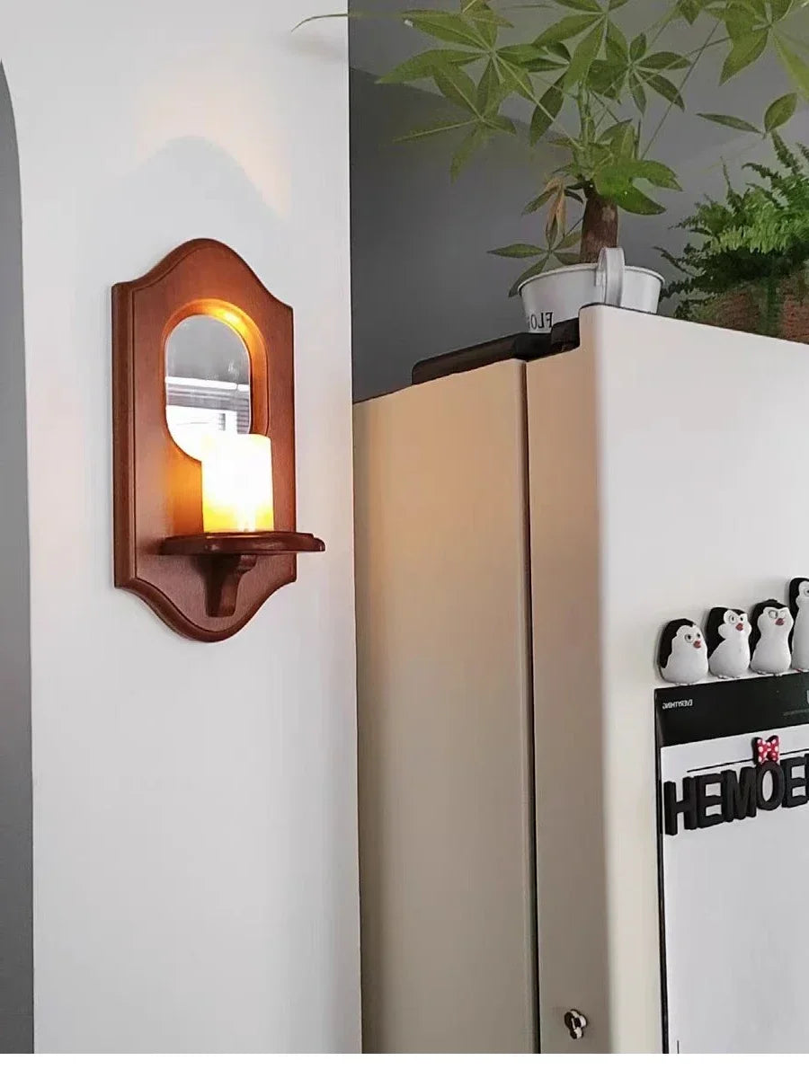 Vintage Wall Mirror with Shelf Solid Wood Aromatherapy Candlestick Holder Hanging Decor for Cafe Decorative Wall Rack