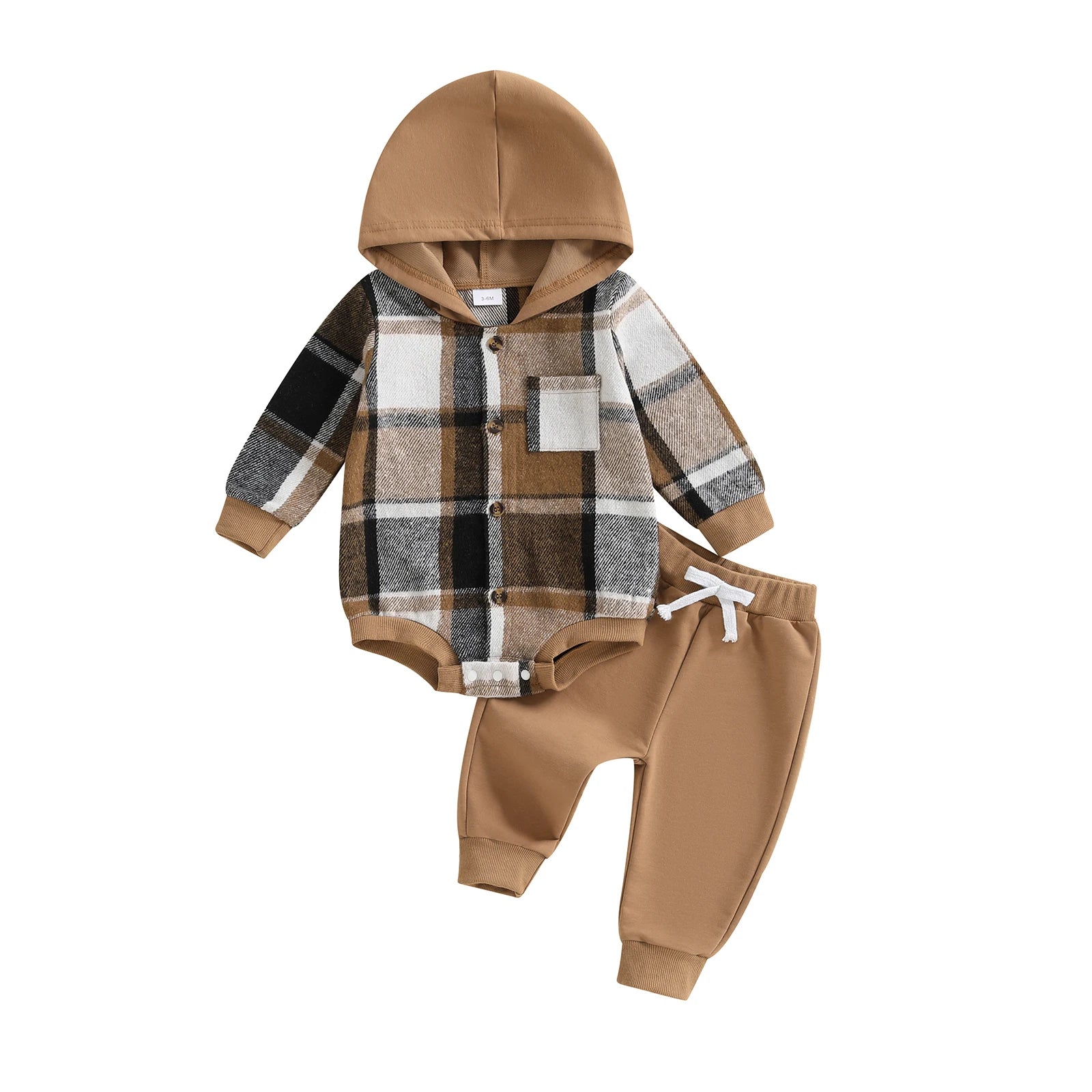 0-24M Toddler Boys Fall Outfit Plaid Long Sleeve Hooded Romper Solid Elastic Waist Jogger Pants Baby 2 Piece Sets