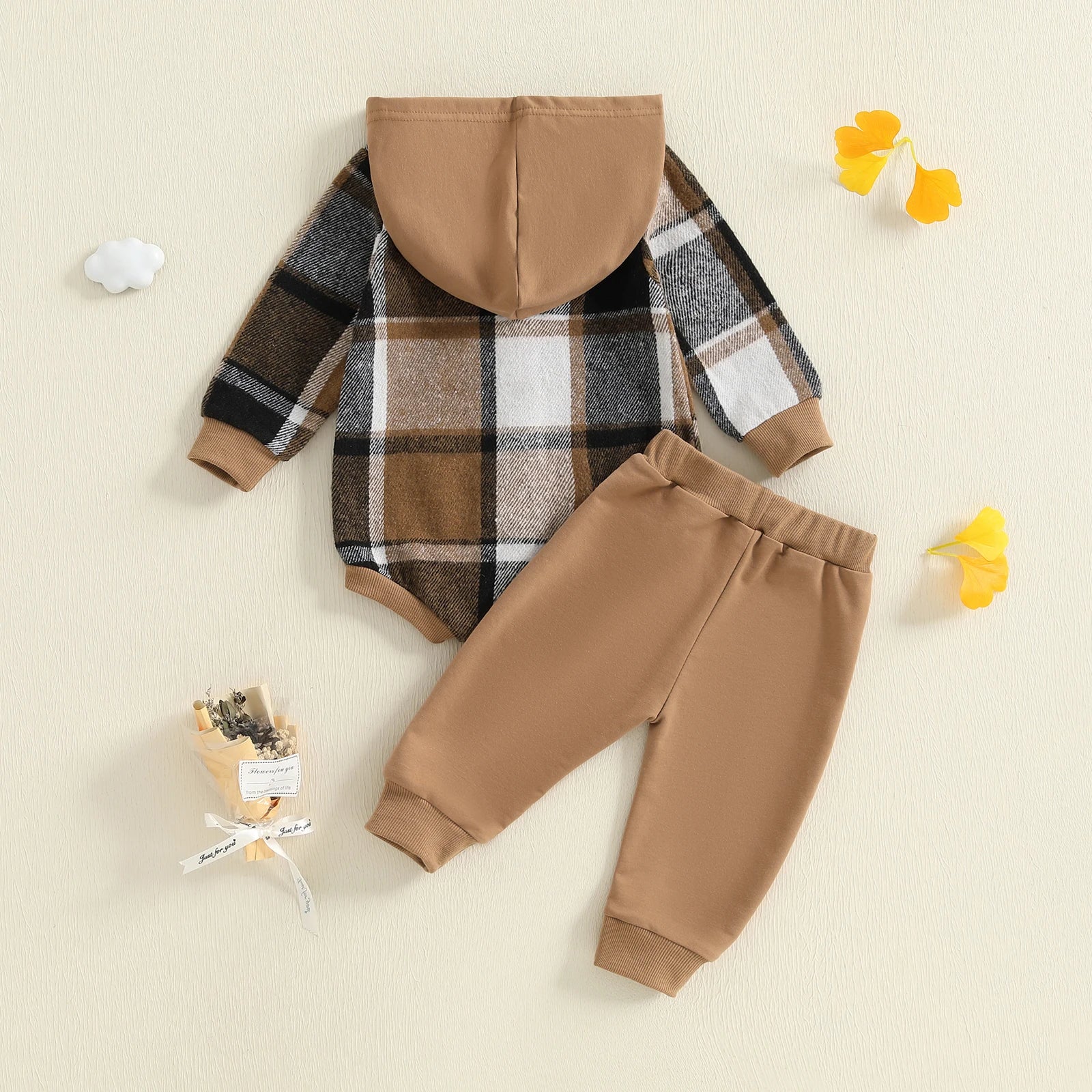 0-24M Toddler Boys Fall Outfit Plaid Long Sleeve Hooded Romper Solid Elastic Waist Jogger Pants Baby 2 Piece Sets