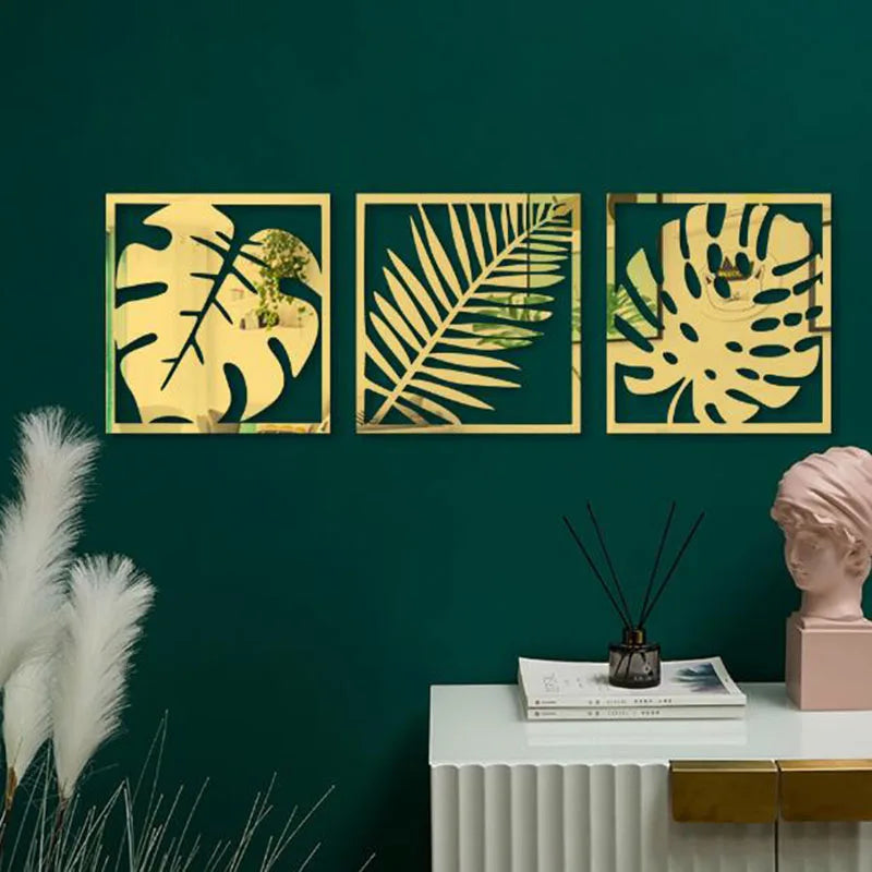 3D Hollow Plant Mirror Sticker Acrylic Palma Wall Stickers Frame Stickers for Sofa Background Wall Home Decor