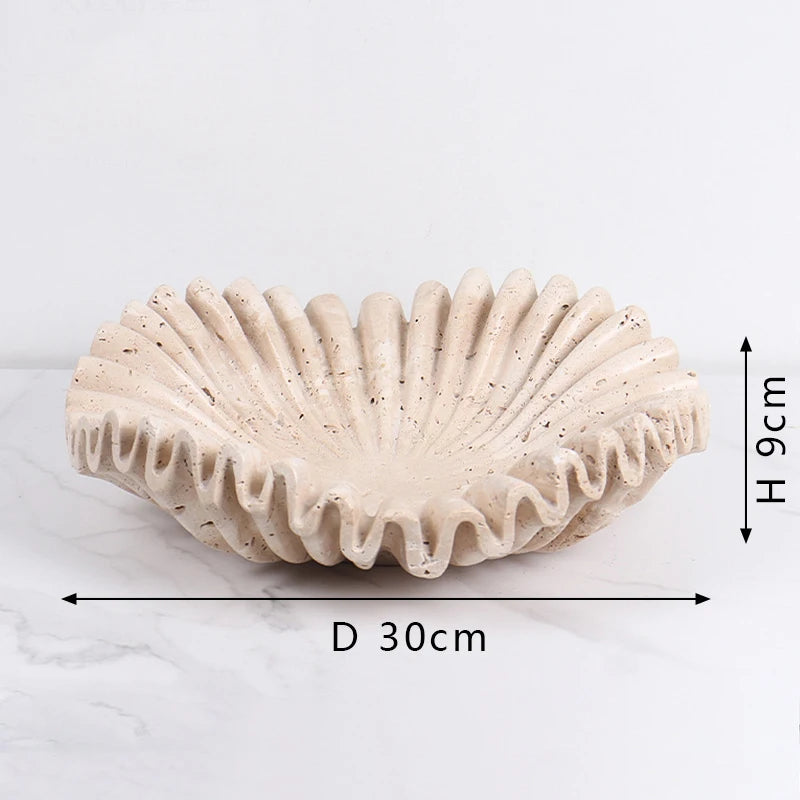 Marble Ruffle Bowl for Kitchen Counter and Living Room Travertine Scallop Bowl for Fruit Jewelry Decorative Tray for Home Decor