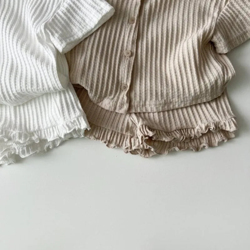 2Pcs Children Clothing Set 2025 Summer Korean Girl's Ruffle Suit Striped Cotton Short-sleeved Cardigan Tops+Shorts Pajamas Suits