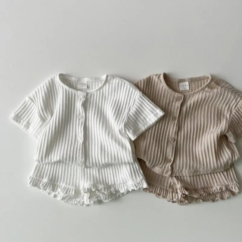 2Pcs Children Clothing Set 2025 Summer Korean Girl's Ruffle Suit Striped Cotton Short-sleeved Cardigan Tops+Shorts Pajamas Suits