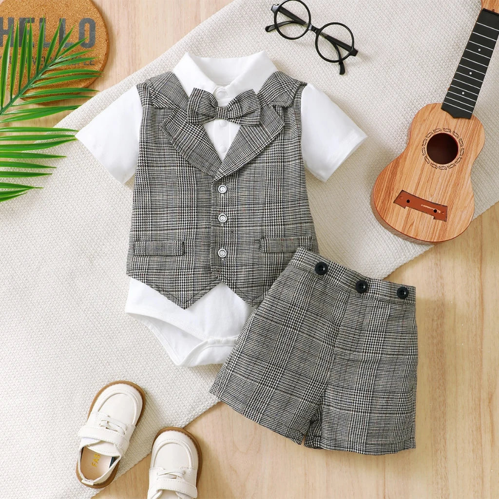 0-3Years Baby Boys' Gentleman Clothes Set Dark Grey Bodysuit+Plaid Shorts 2PCS Outfits Baby Full Moon Hundred Days Party Costume