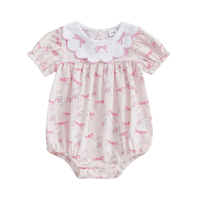0-18M Newborn Baby Girl Easter Outfit Peter Pan Bow Bunny Embroidery Short Sleeve Romper Smocked Bodysuit Summer Clothes