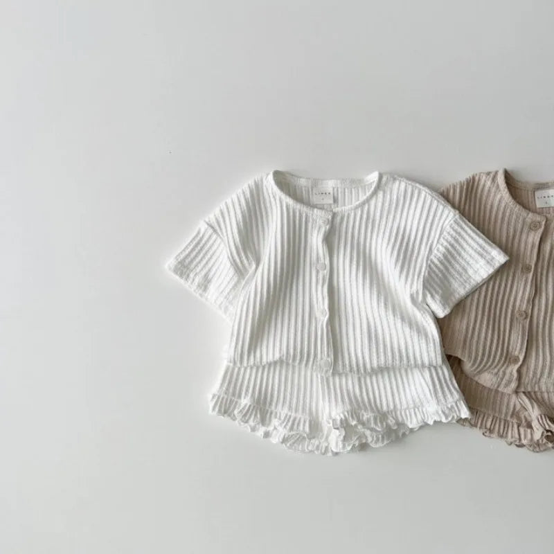 2Pcs Children Clothing Set 2025 Summer Korean Girl's Ruffle Suit Striped Cotton Short-sleeved Cardigan Tops+Shorts Pajamas Suits