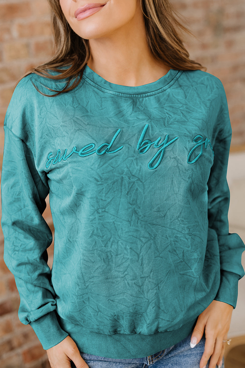DUNE saved by grace Letter Embroidery Mineral Wash Loose Sweatshirt