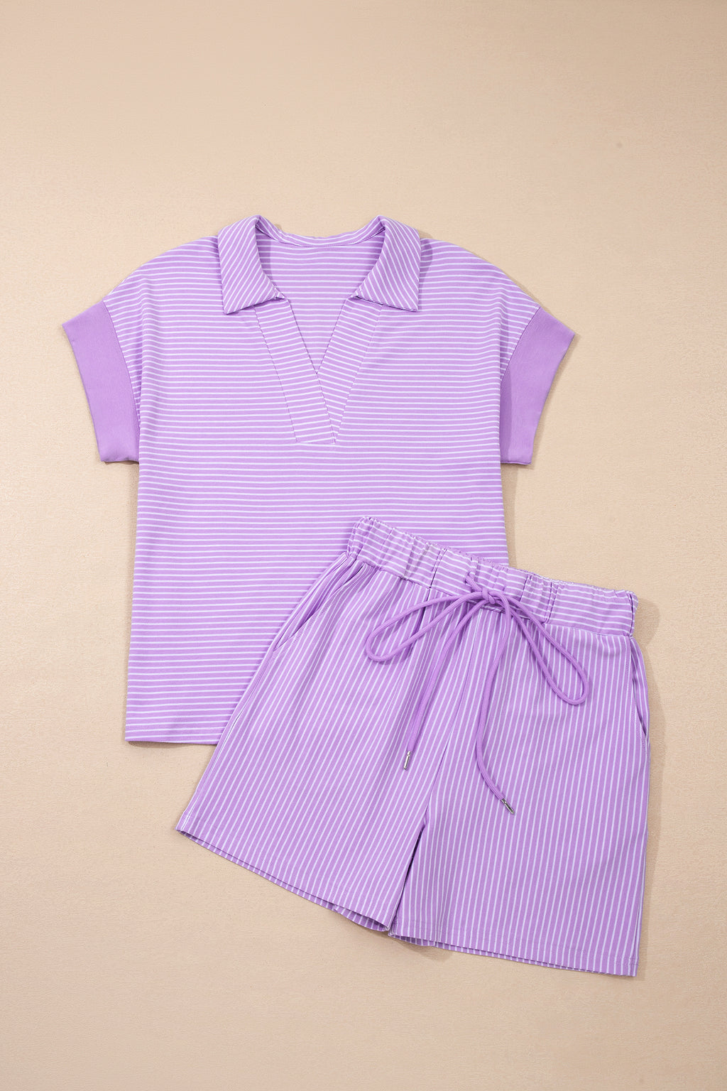 Khaki Stripe Dolman Sleeve Polo Shirt and Drawstring Shorts Set