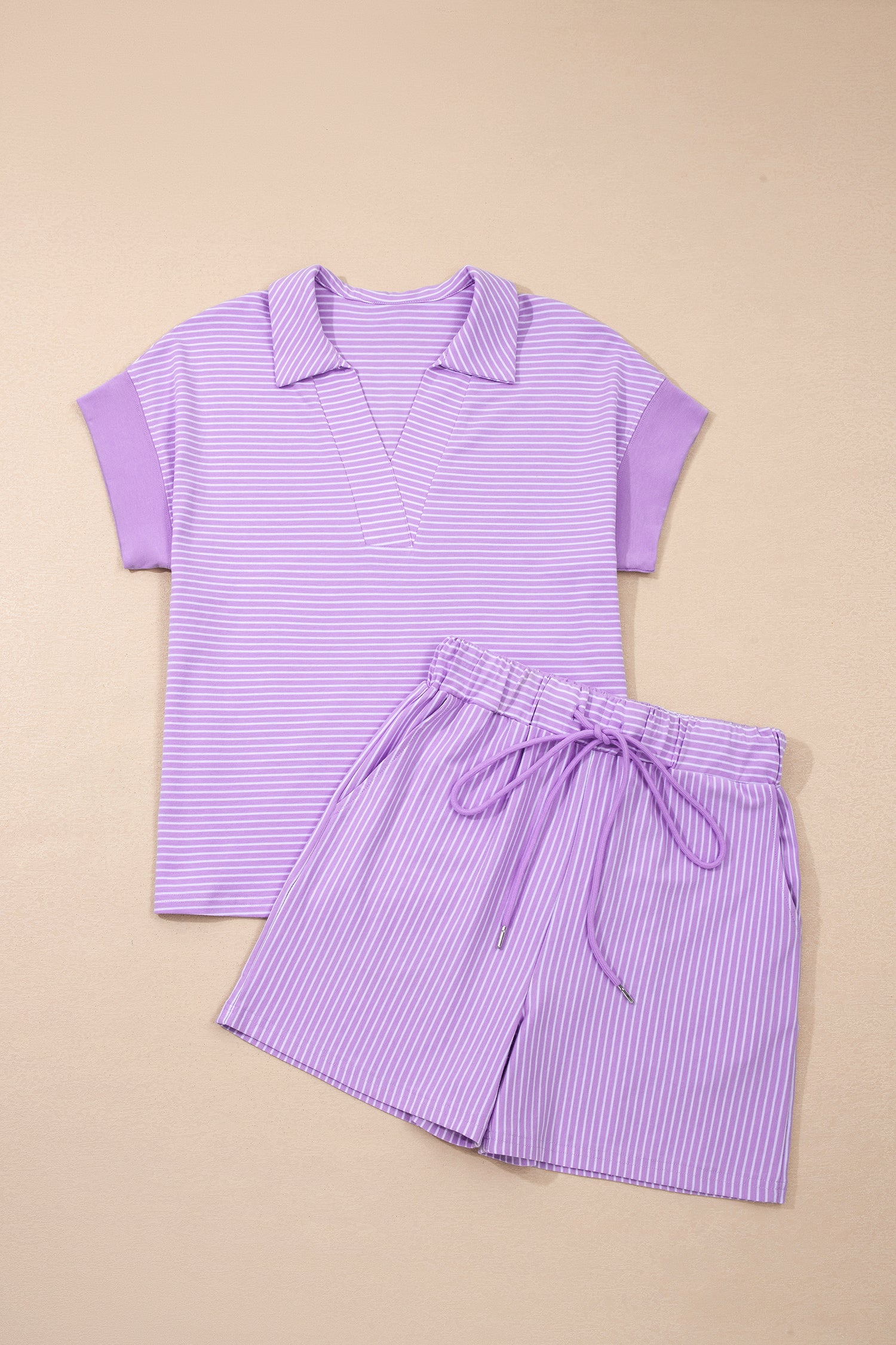 Khaki Stripe Dolman Sleeve Polo Shirt and Drawstring Shorts Set