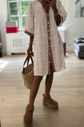 Khaki Stripe Square Button Leopard Trim Loose Bracelet Sleeve Shirt Dress