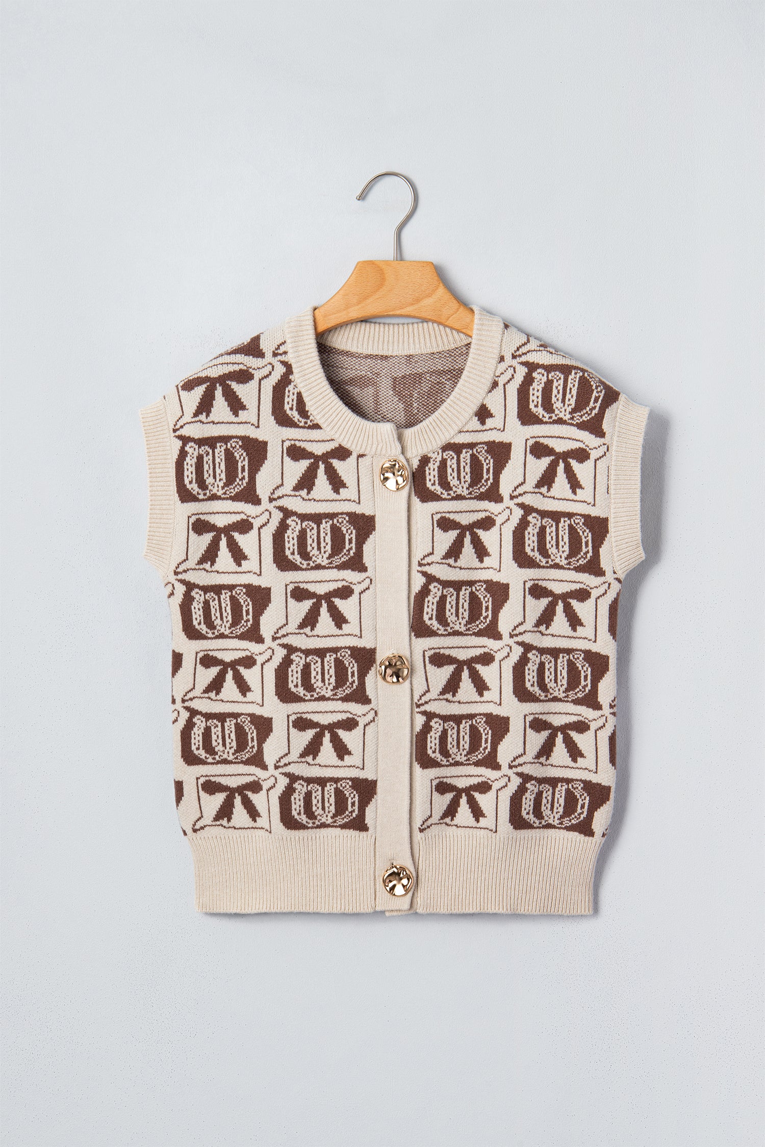 Brown Western Horseshoe Bow Pattern Button Front Sleeveless Knit Sweater