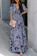 Black Fiery Floral Print Frilled V Neck Short Sleeve Maxi Dress