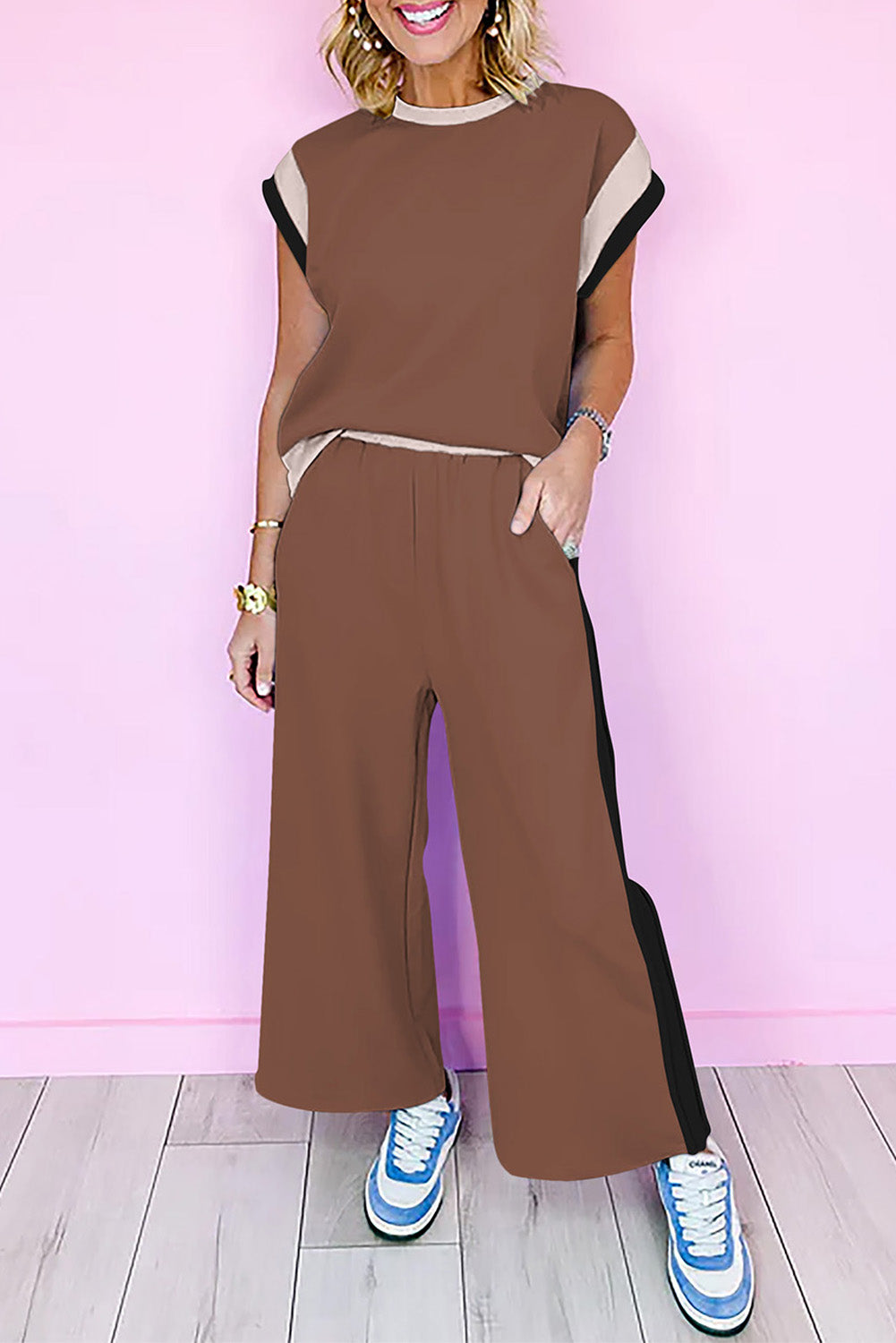 Racing Red Color Block Detail Casual Two-piece Set