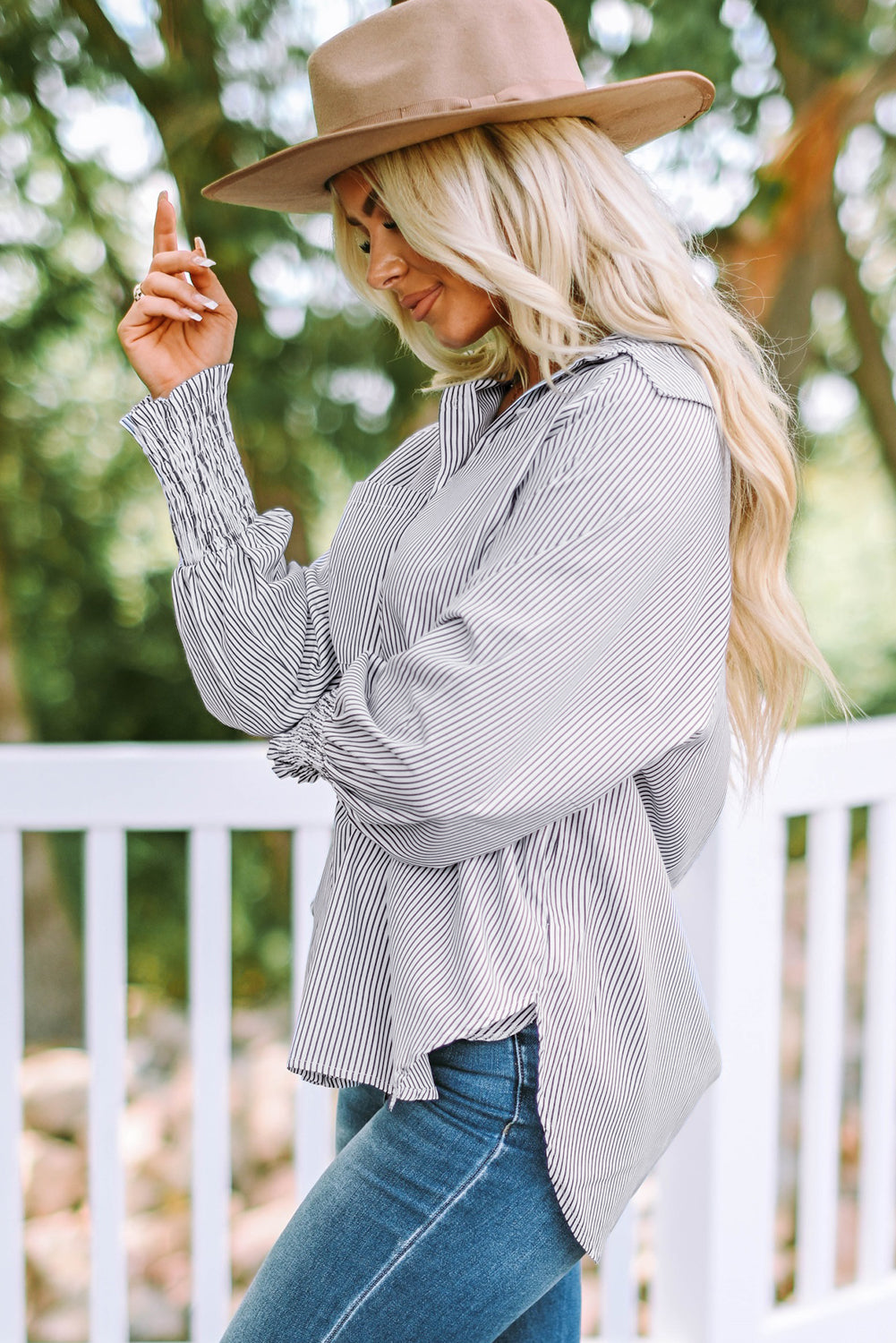 Sky Blue Smocked Cuffed Striped Boyfriend Shirt with Pocket