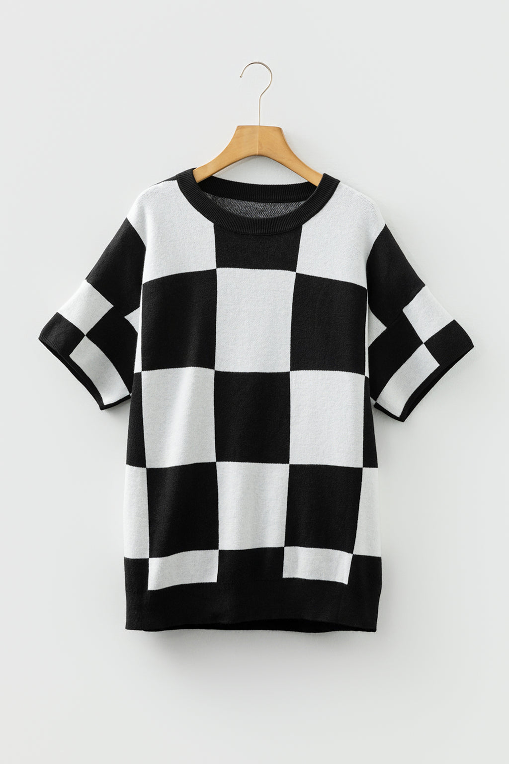 Light French Beige Checkered Pattern Loose Drop Shoulder Half Sleeve Sweater