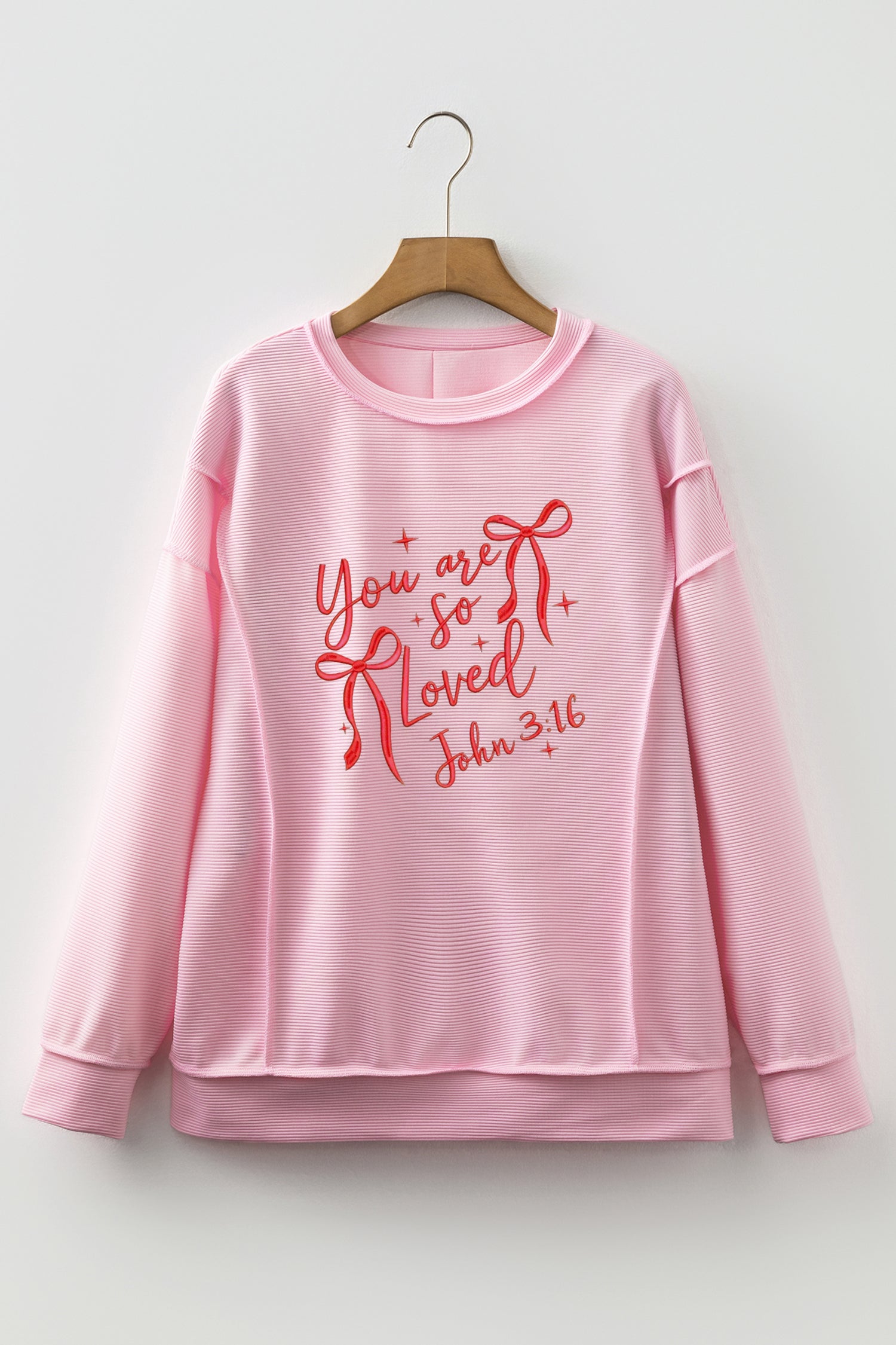 Pink you are so loved Bow Embroidered Graphic Pullover Top