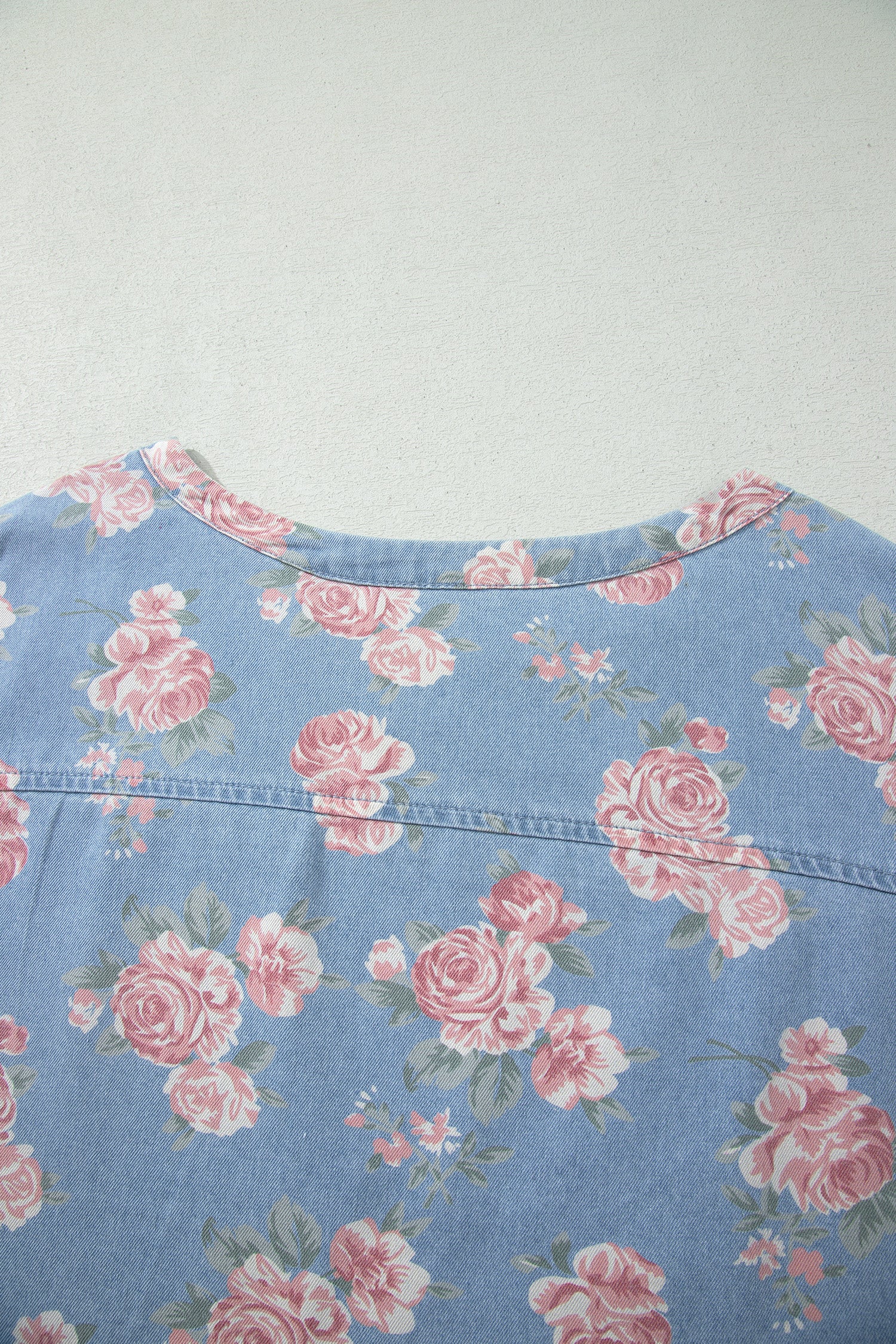Sky Blue Floral Denim Short Sleeve Top Loose Shorts 2pcs Set