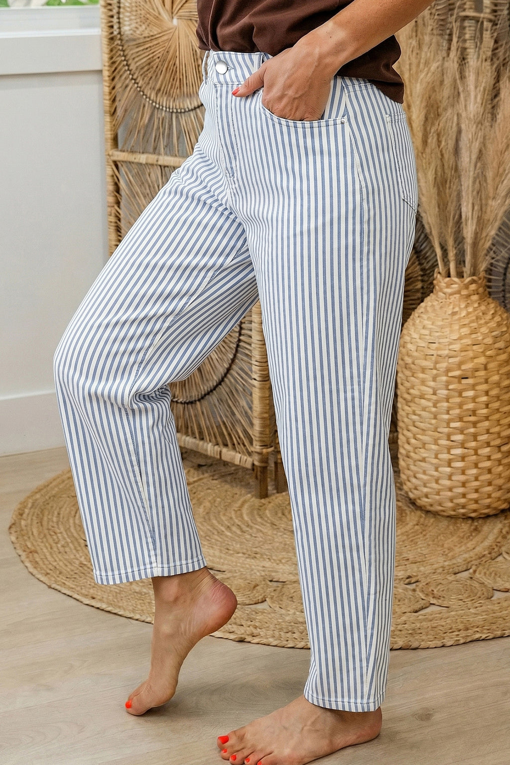 Brown Stripe Casual Barrel Jeans