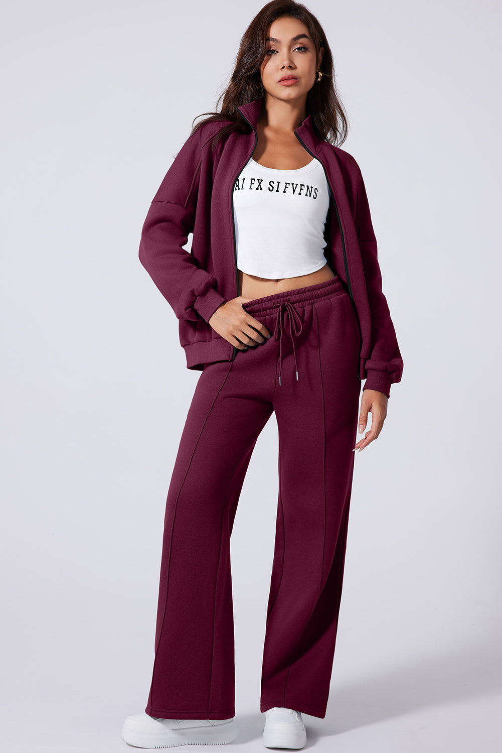 Clearly Aqua Drop Shoulder Zip Up Jacket Drawstring Pants Active 2pcs Set