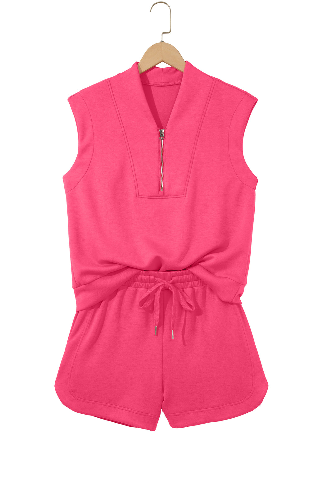 Oatmeal Quarter Zip Sleeveless Top Drawstring Shorts Casual 2pcs Outfit