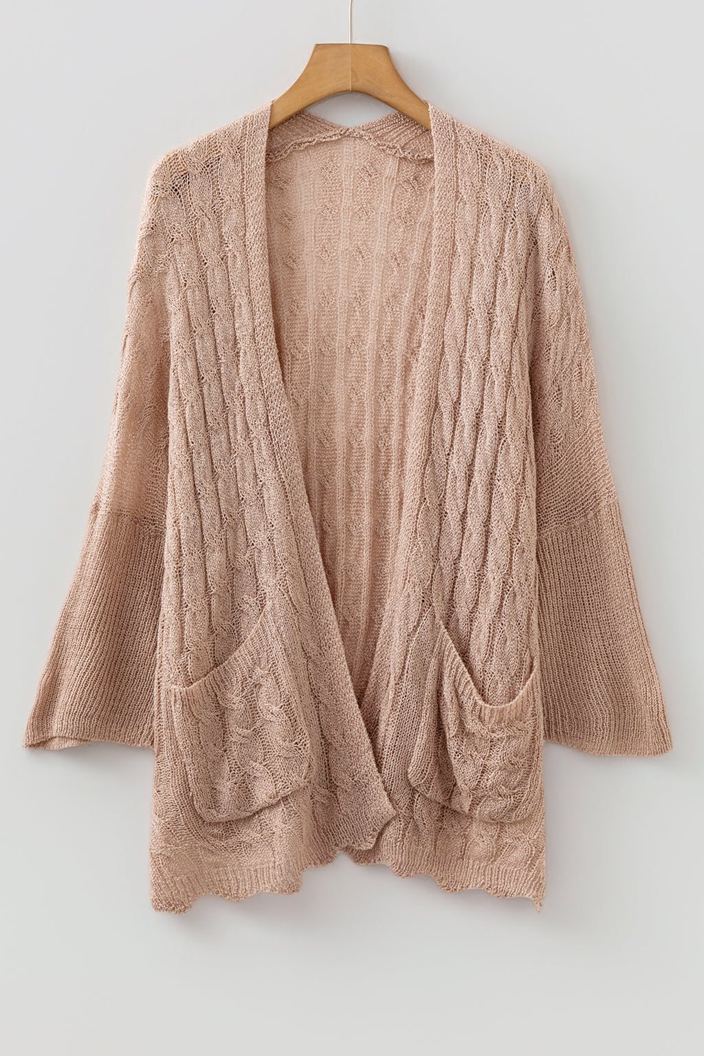 Pink Hollowed Pattern Knit Drop Shoulder Open Sweater Cardigan