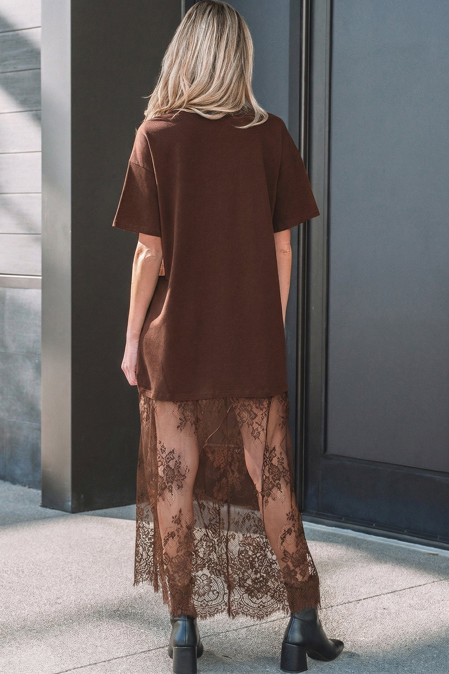 Black Floral Patchwork Short Sleeve T Shirt Loose Maxi Dress