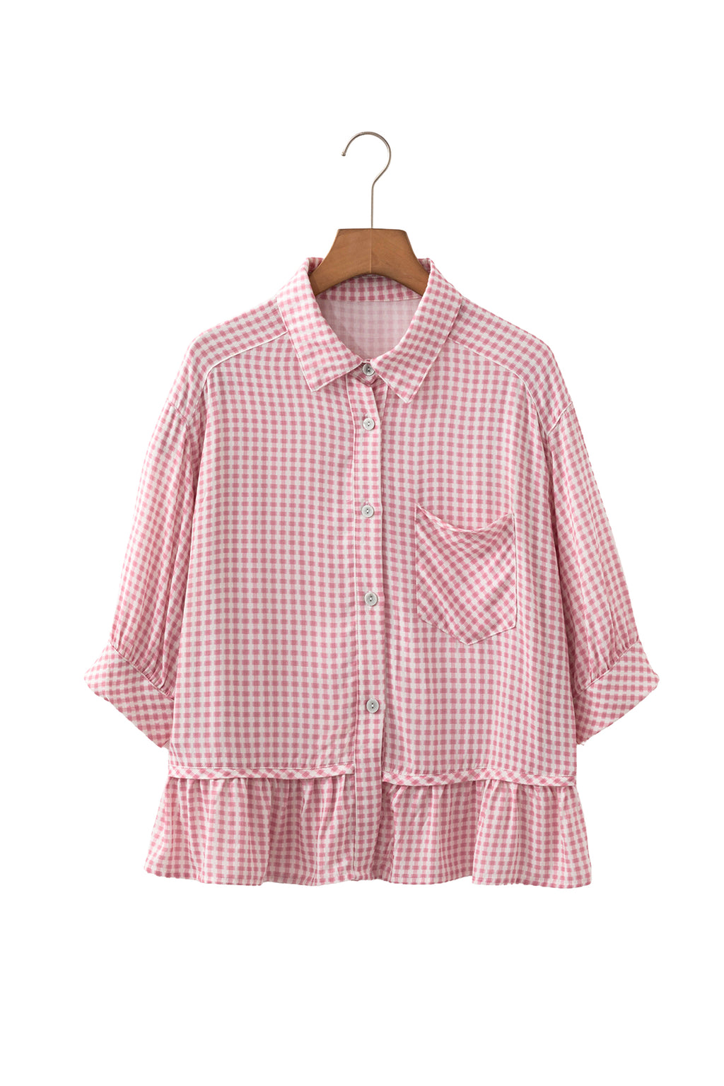 Pink Plaid Half Sleeve Ruffle Hem Button Down Shirt