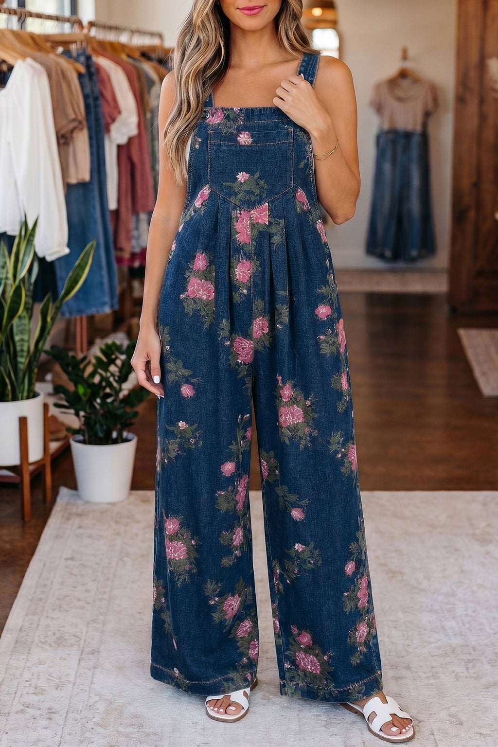 Gray Beau Floral Print Pleated High Waist Wide Leg Denim Jumpsuit