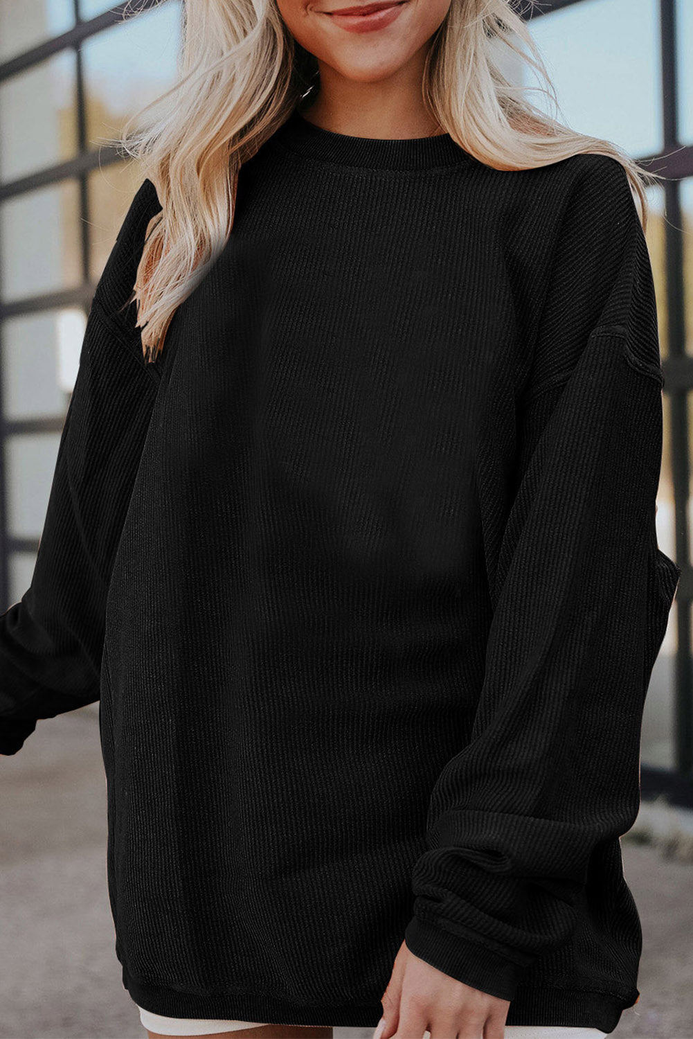 White Ribbed Corduroy Oversized Sweatshirt