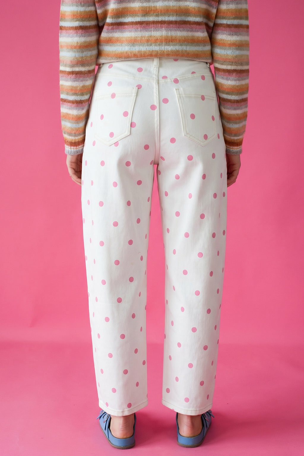 Blue Polka Dot Print Seam Detail Barrel Jeans