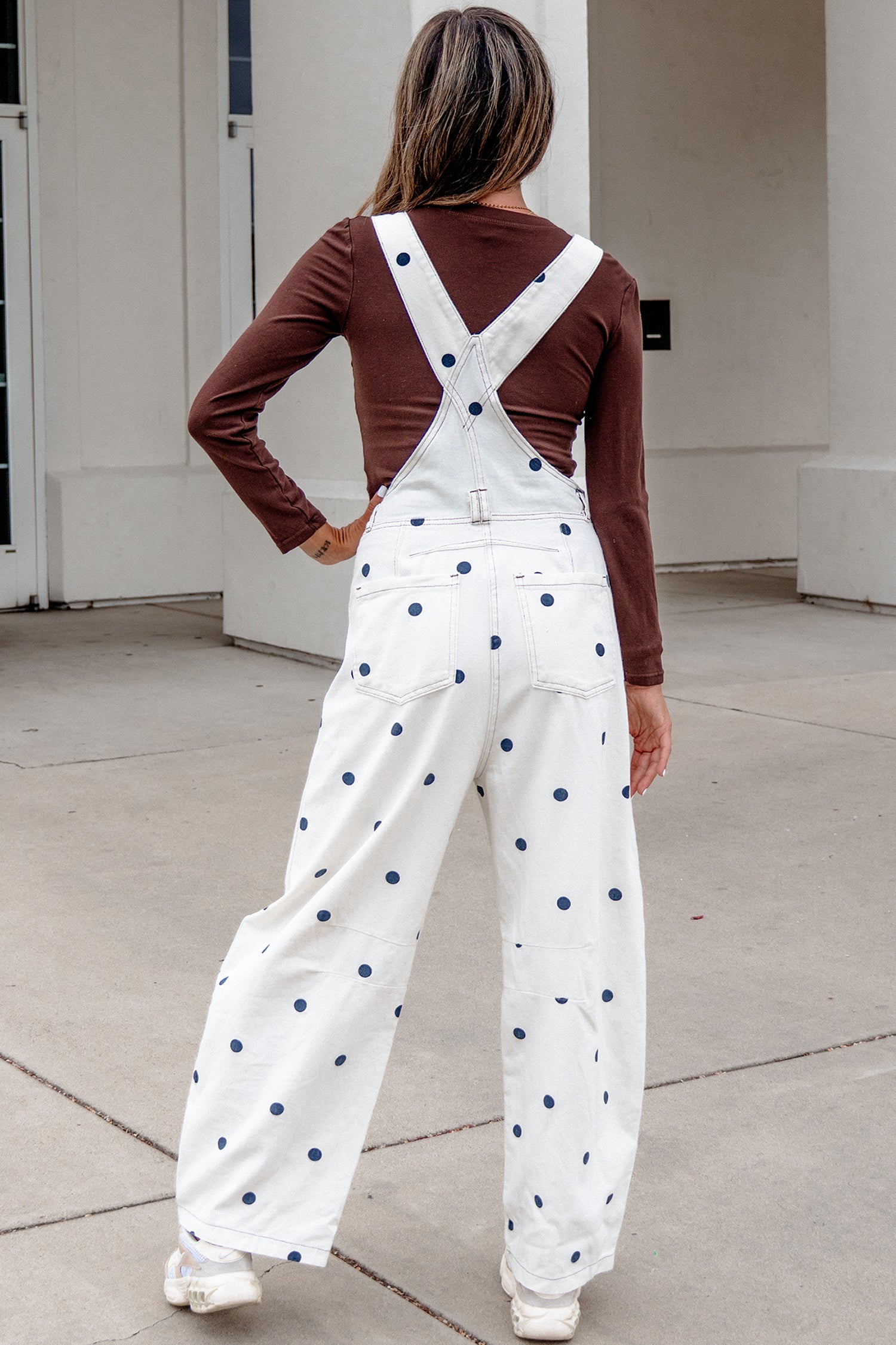 Light French Beige Polka Dot Print Bib Pocket Denim Barrel Overalls Jumpsuit