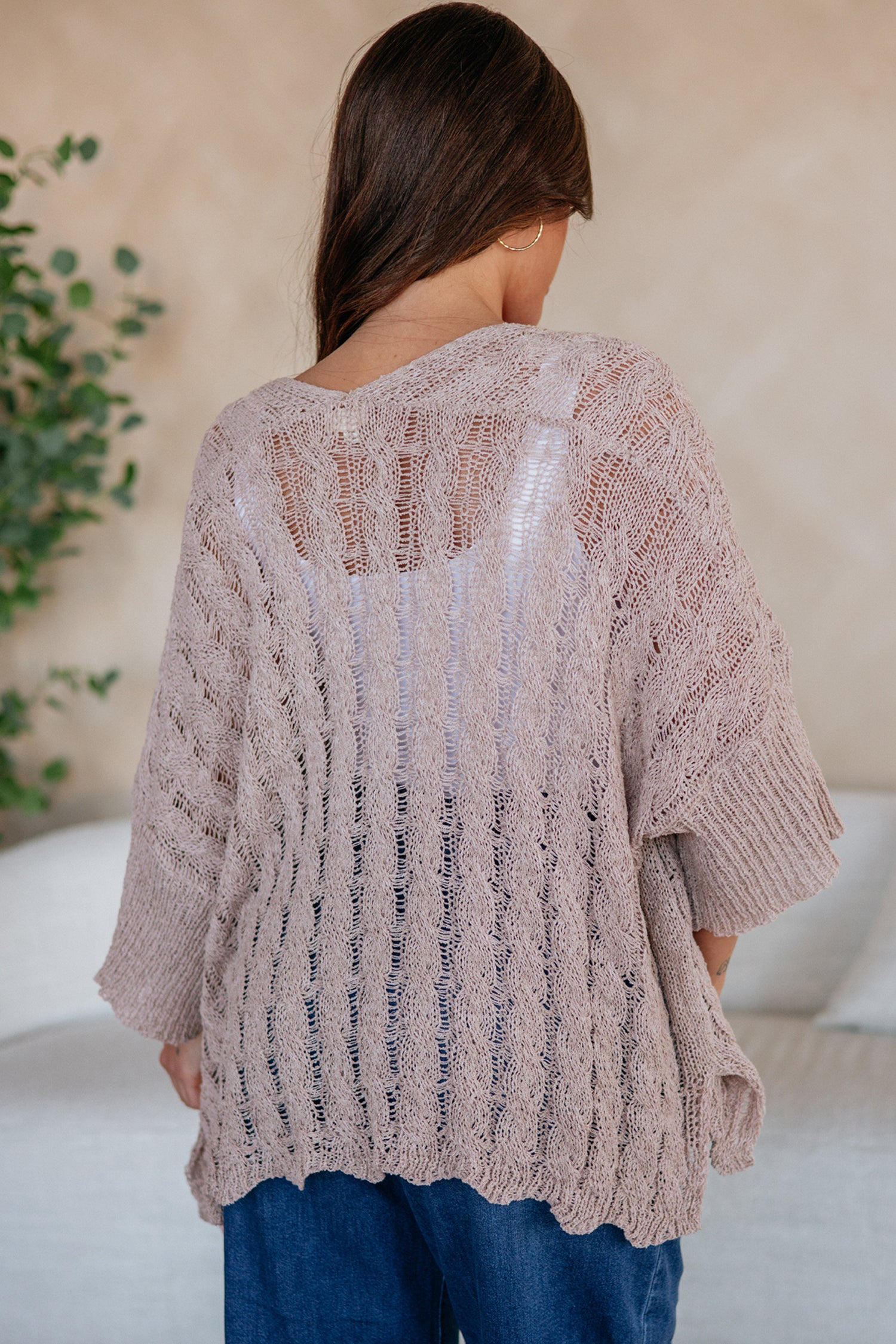 Pink Hollowed Pattern Knit Drop Shoulder Open Sweater Cardigan