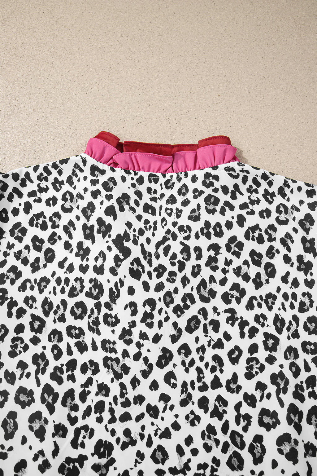Pink Stripe Ruffled Trim V Neck Leopard Print Short Sleeve Blouse