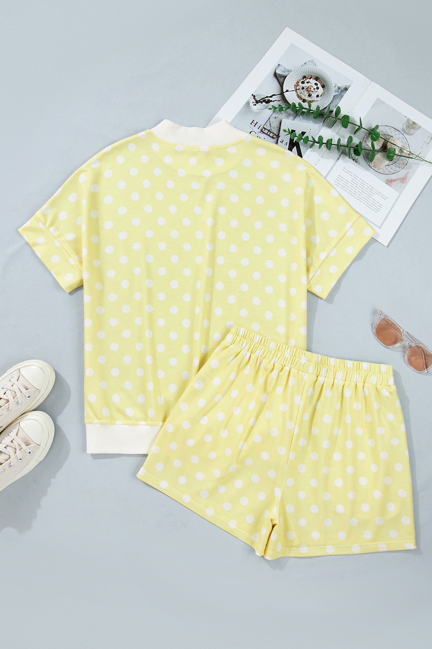 Sky Blue Polka Dot Print Color Block Trim Mock Neck Short Set