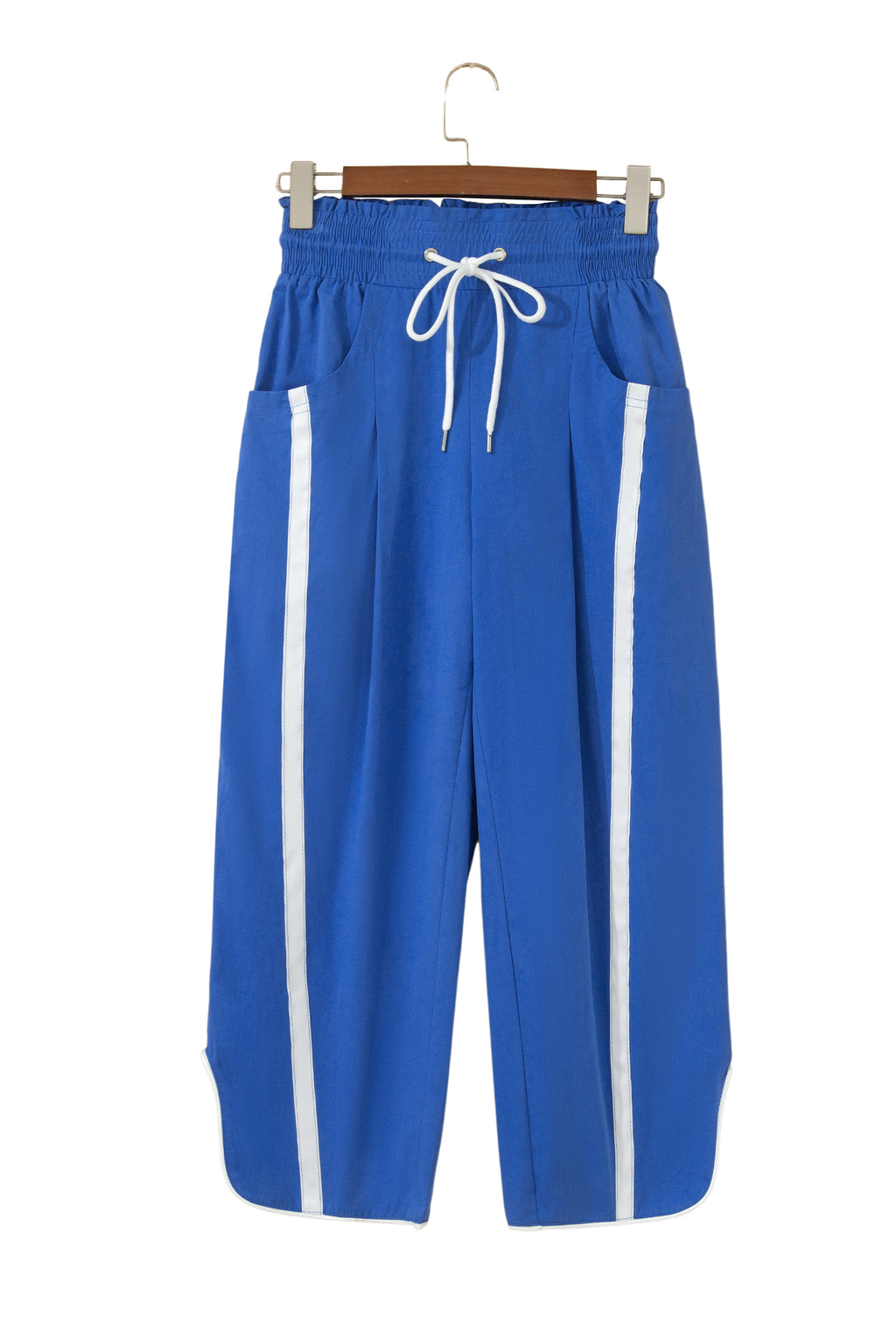 Black Contrast Striped Smocked Waist Drawstring Cropped Casual Pants