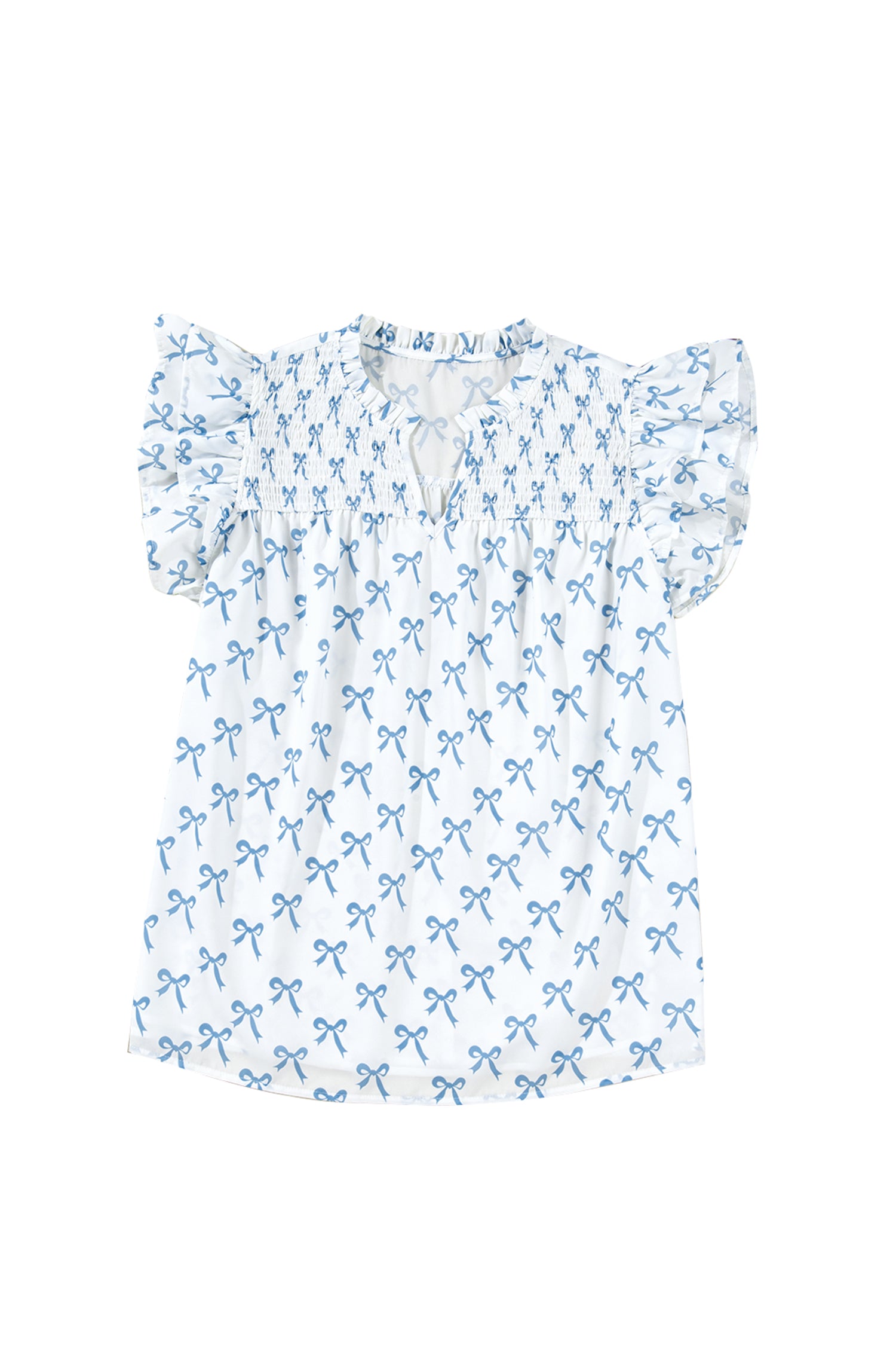 Sky Blue Ruffled Short Sleeve Plus Size Bow Top