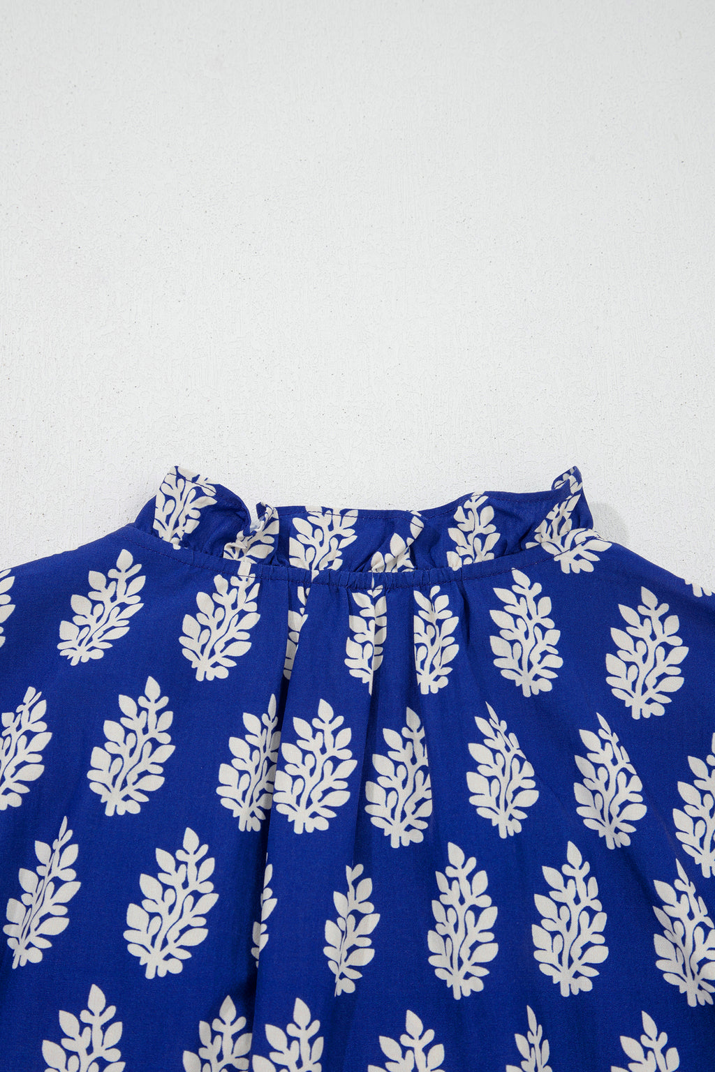 Blue Plus Size Botanical Print Tie V Neck Ruffle Short Sleeve Blouse