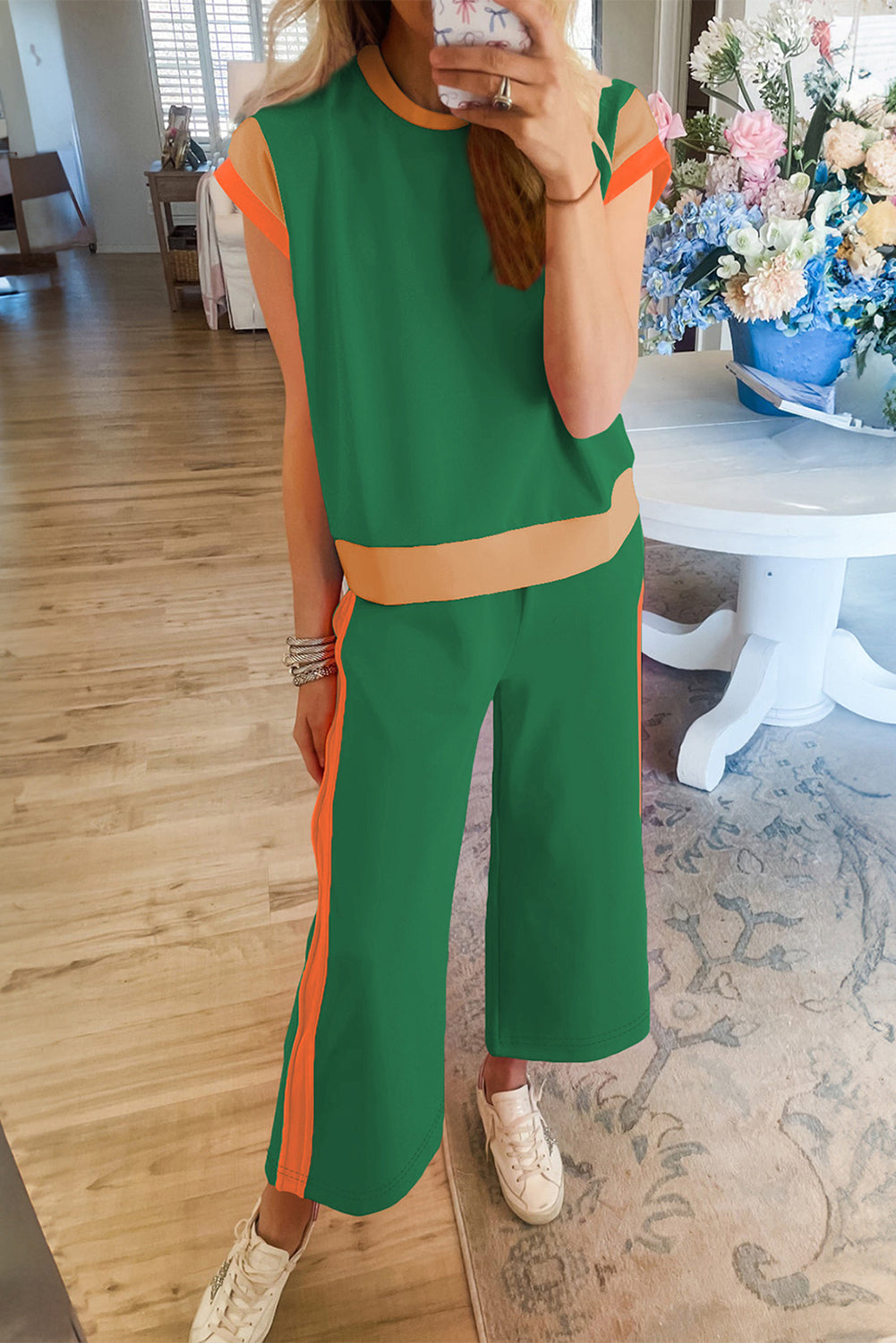 Racing Red Color Block Detail Casual Two-piece Set