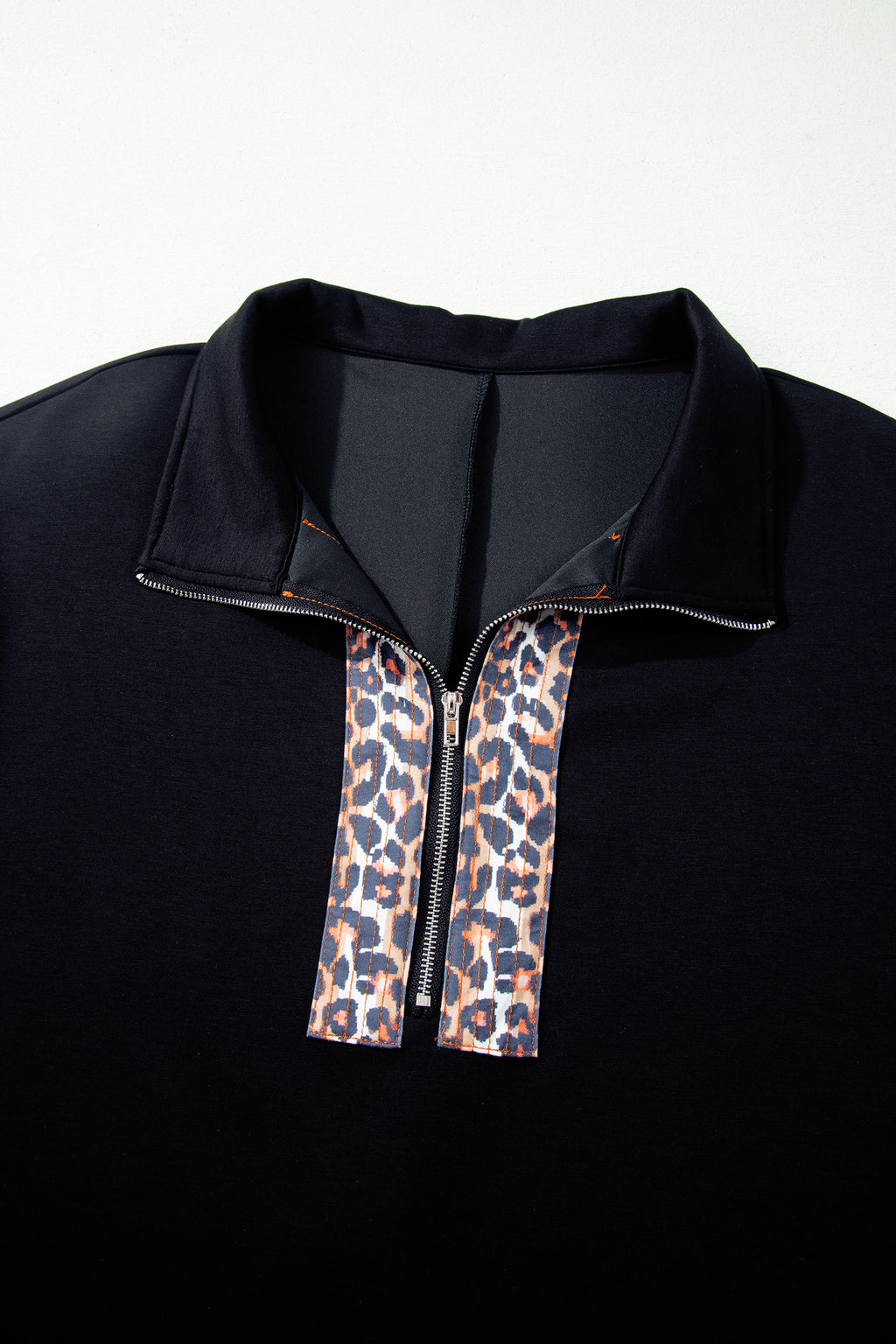 Black Plus Size Leopard Patchwork Half Zip Short Sleeve Top