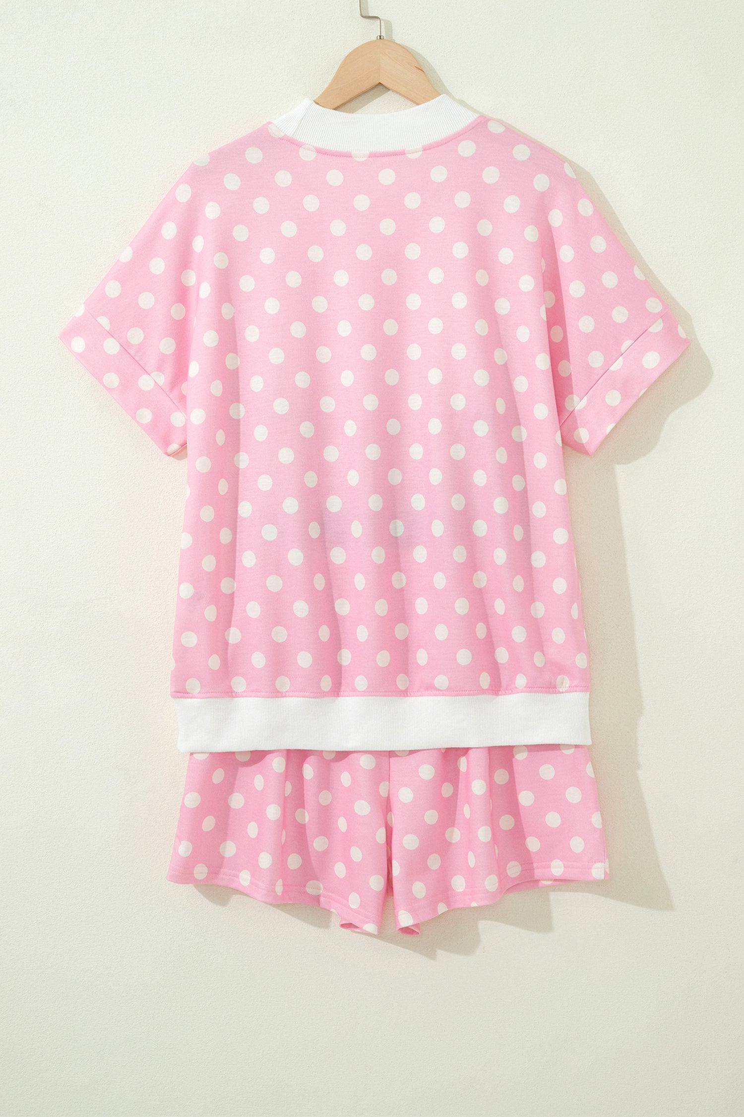 Sky Blue Polka Dot Print Color Block Trim Mock Neck Short Set