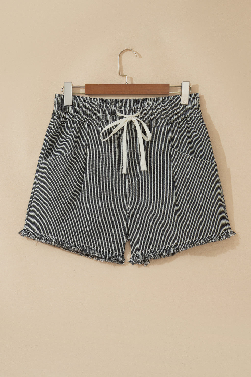 Black Stripe Raw Edge Drawstring Elastic Waist Casual Denim Shorts