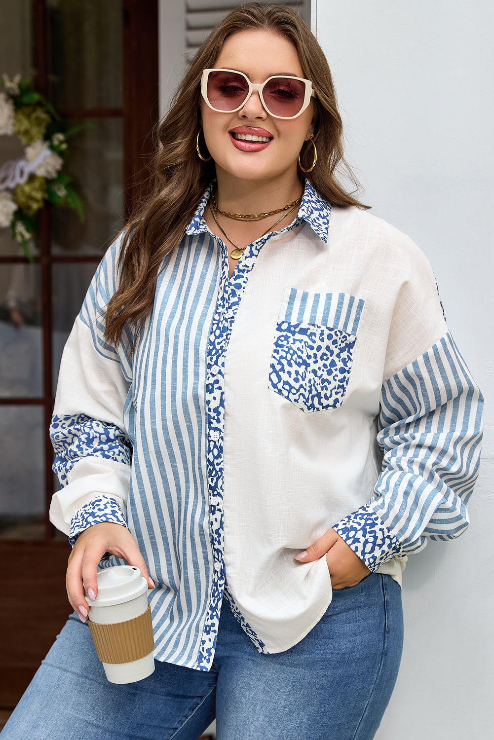 Sky Blue Leopard Striped Patchwork Casual Plus Shirt